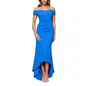 Xscape Blue Off the Shoulder High-Low Scuba Crepe Gown, SIZE 4